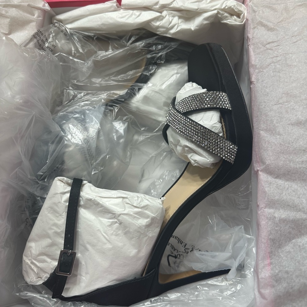 Vince Camuto Kalvira 2 Black Satin Rhinestone Square Open Toe Ankle Strap Heels - Picture 10 of 11